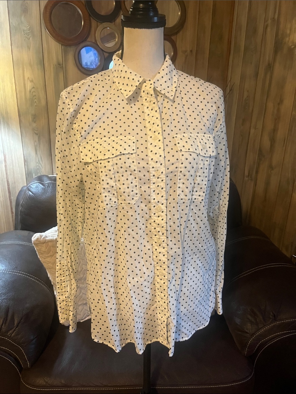 Ralph Lauren White Button-Down Shirt with Navy Polka Dots Classic Quiet Luxury